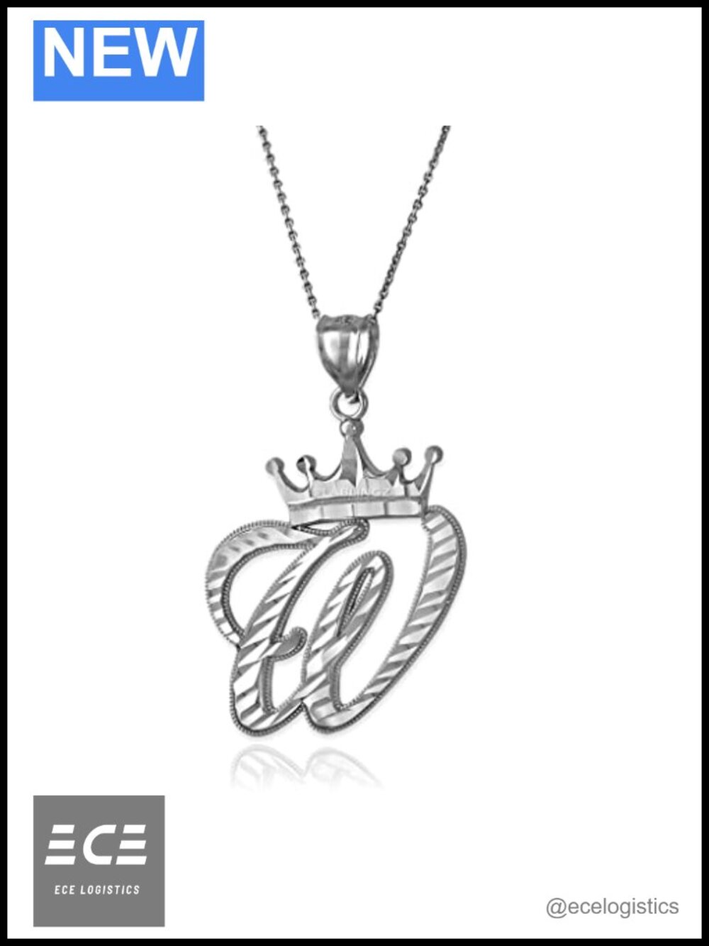 Sterling Silver Initial W Cursive Crown Pendant Necklace